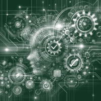 Abstrakte digitale Kunst, die künstliche Intelligenz in der Qualitätssicherung zeigt, mit Zahnrädern, Schaltkreisen, Häkchen und Lupe.