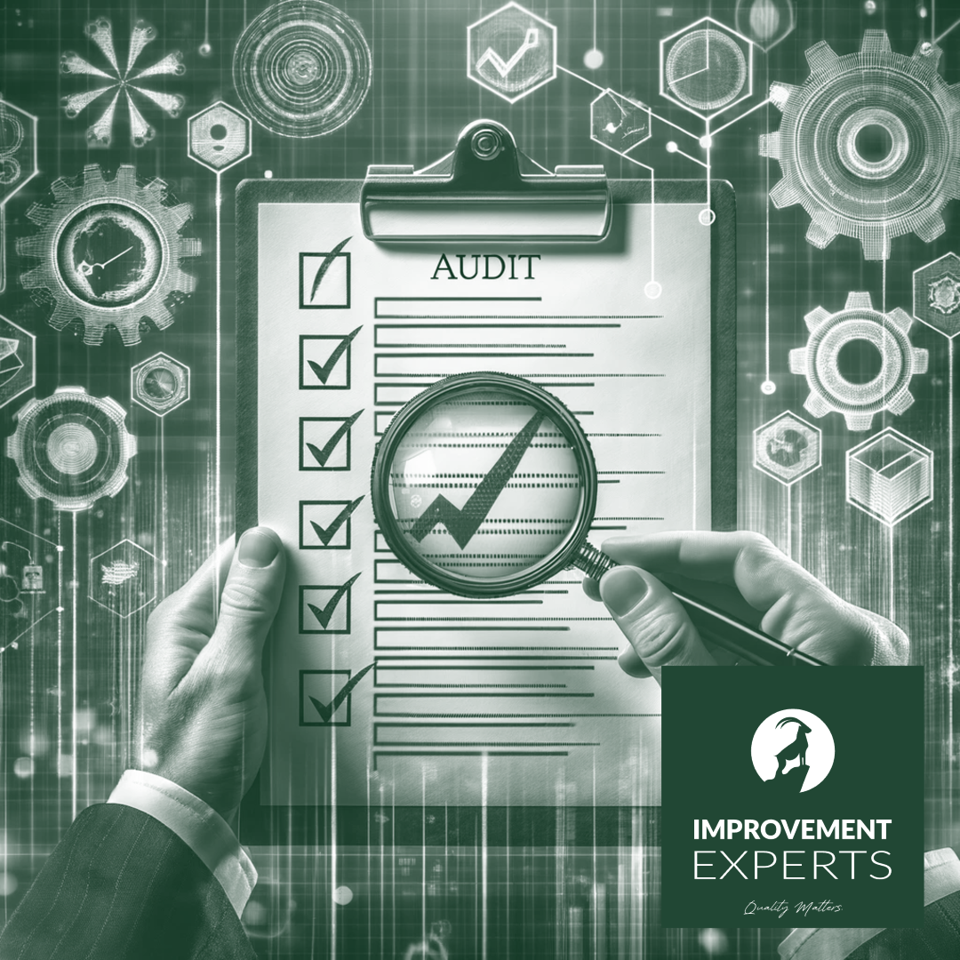 Symbolbild für Audit-Prozess, der Transparenz und Compliance in Unternehmenssystemen darstellt und dem kleinen Logo der Improvement Experts GmbH in der rechten unteren Ecke.