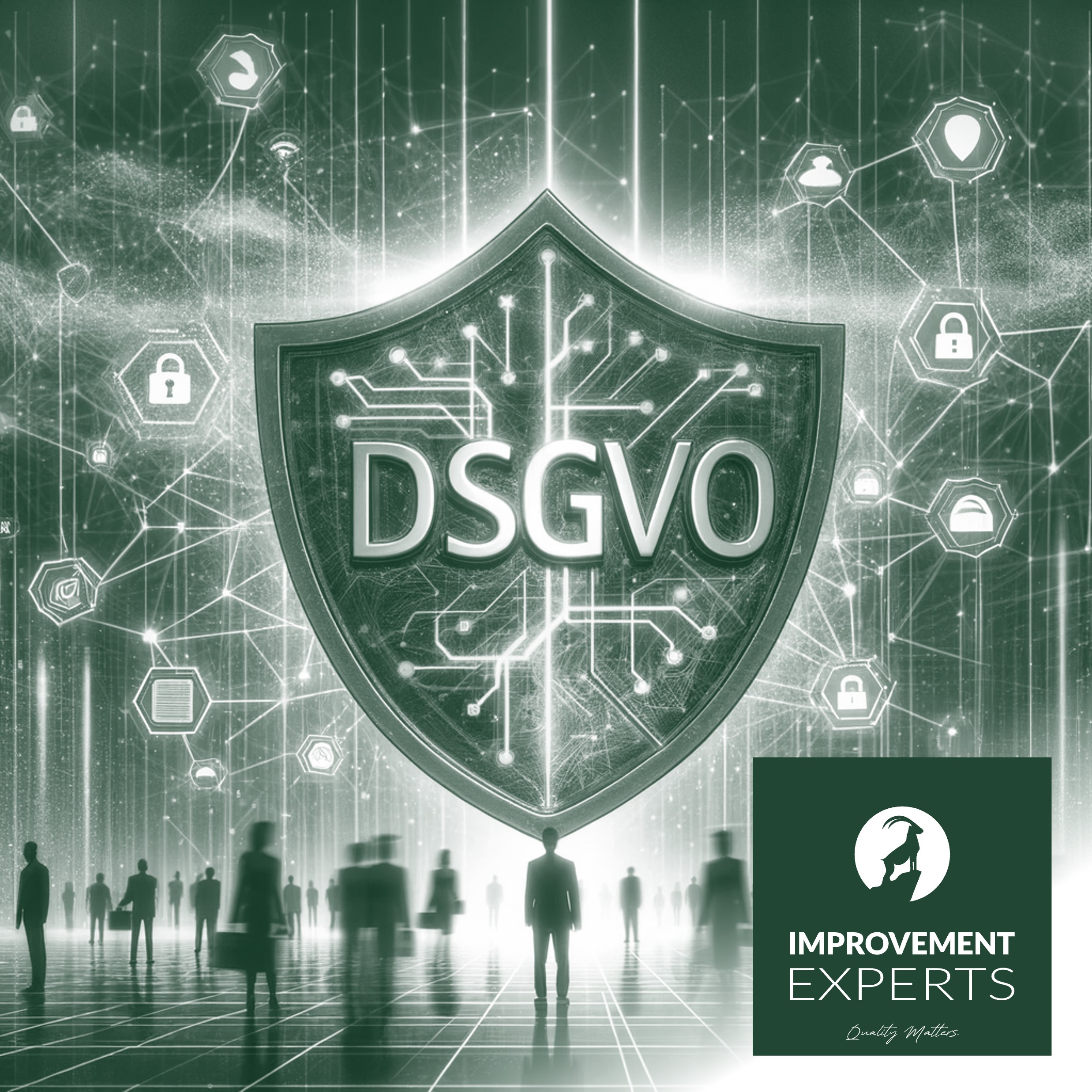DSGVO-Schild mit Datenströmen und Silhouetten im Hintergrund, Improvement Experts GmbH Logo unten rechts.