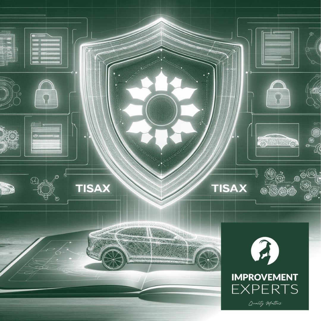 TISAX Informationssicherheits-Schutzschild mit Improvement Experts GmbH Logo, symbolisiert Datenschutz in der Automobilindustrie