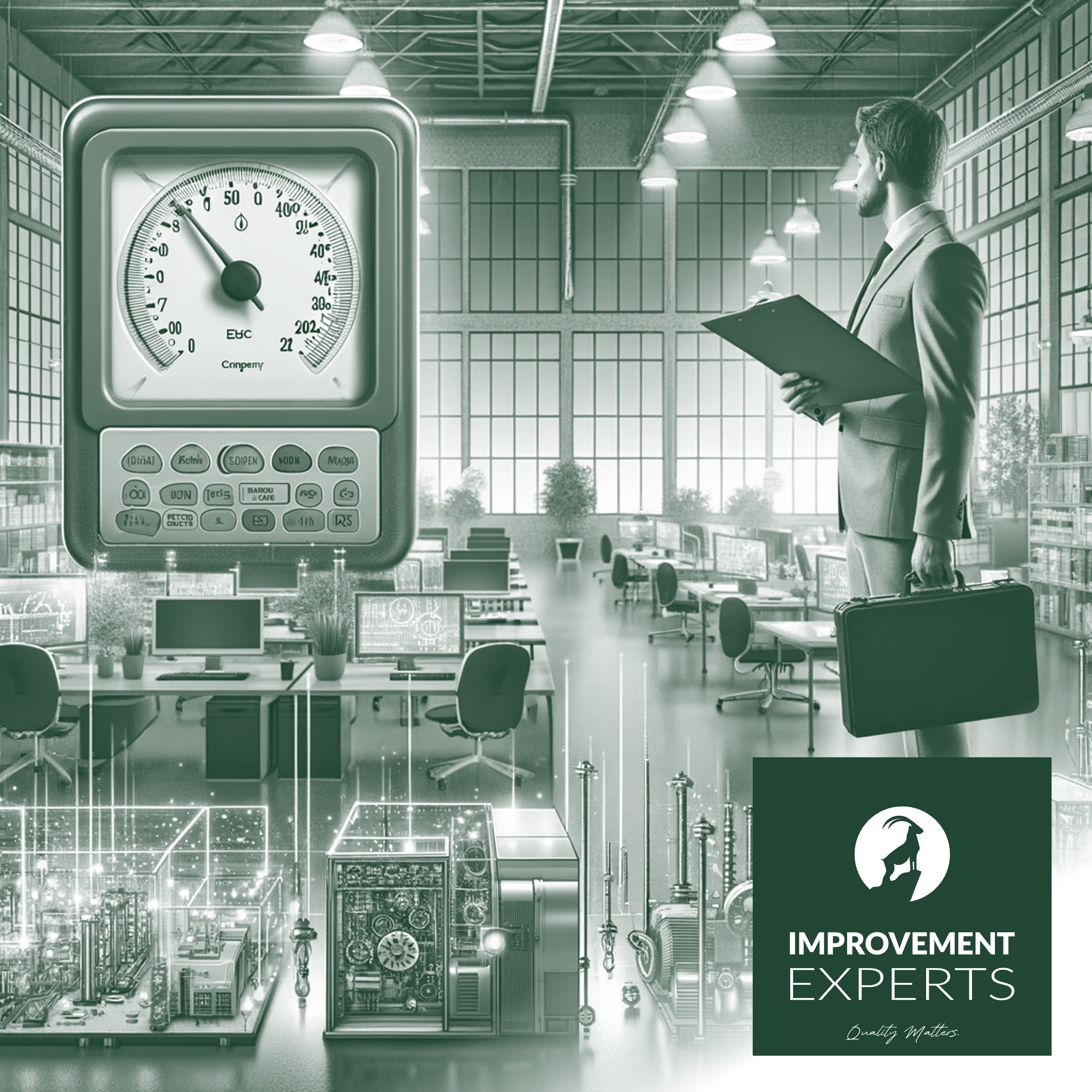 Professionelles Energieaudit in einem hellen Industriebüro, dargestellt durch einen Auditor mit Messinstrumenten und Analysewerkzeugen im Vordergrund und das Logo der Improvement Experts GmbH im unteren rechten Bereich