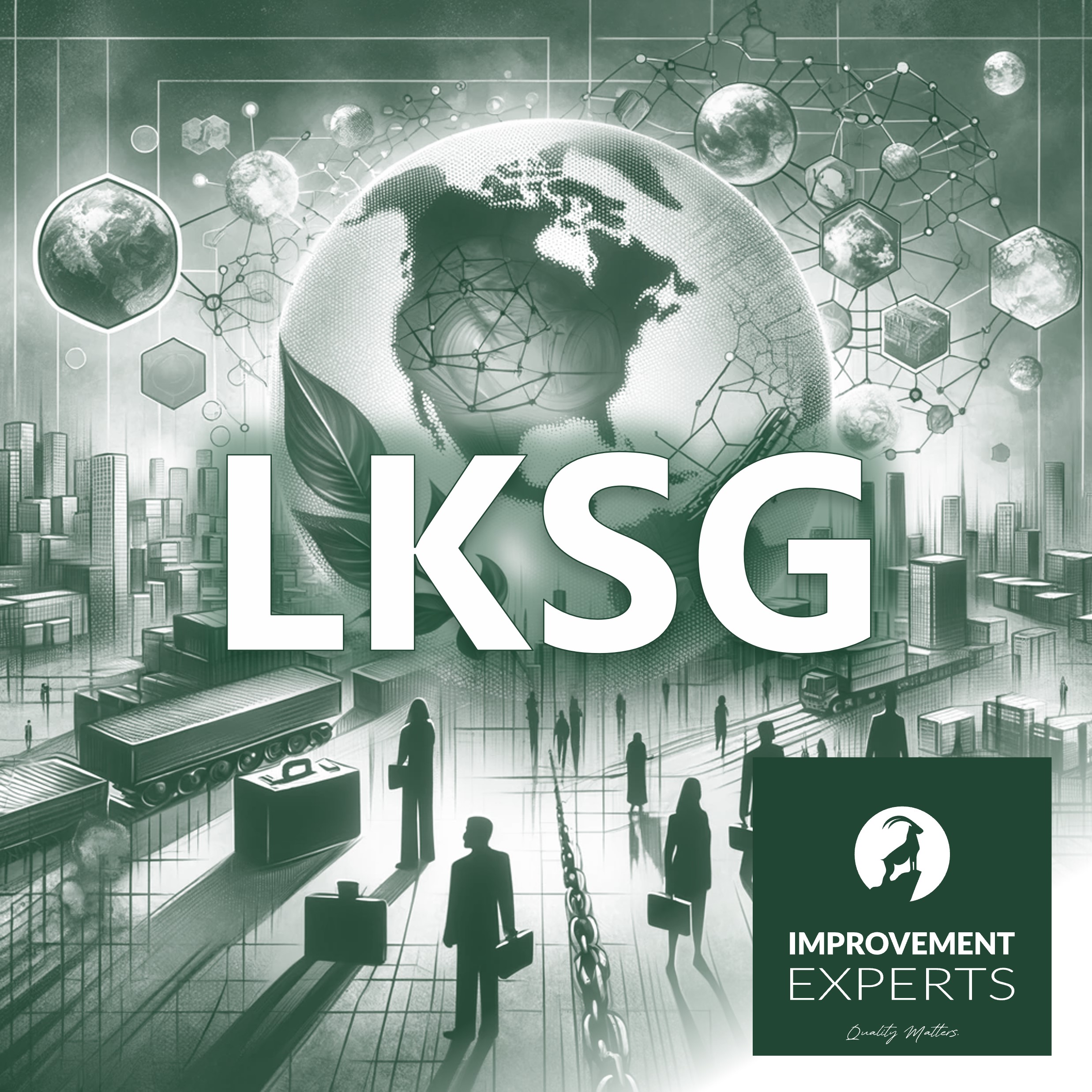 Abstrakte Darstellung globaler Lieferketten mit einem zentralen Globus, umgeben von Netzwerken und symbolischen Figuren, die die Vielfalt der Arbeitskräfte darstellen, mit dem Logo der Improvement Experts GmbH.