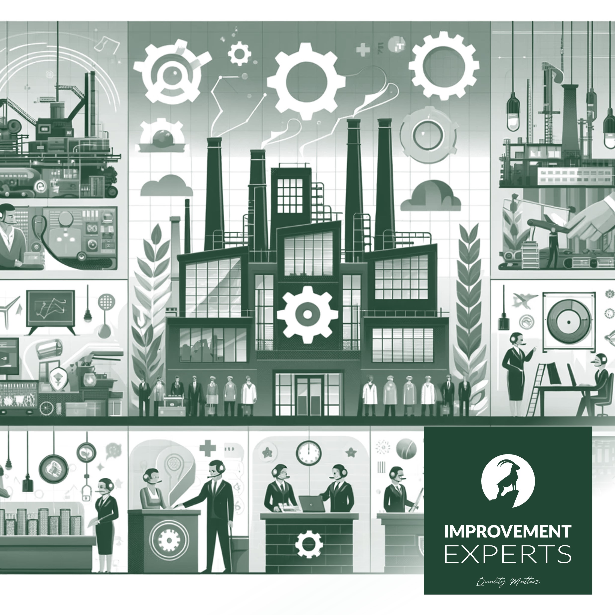 Industrielle Collage darstellend Operations Management mit Fokus auf Teamarbeit, Maschinerie und Geschäftsprozesse