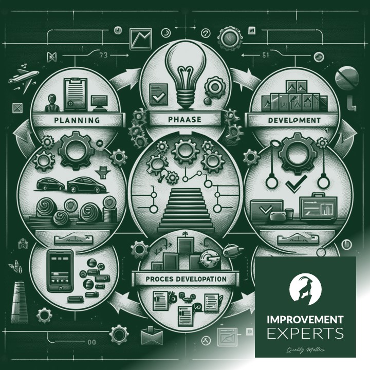 Illustration des APQP-Prozesses mit fünf Phasen, im Stil von Improvement Experts GmbH