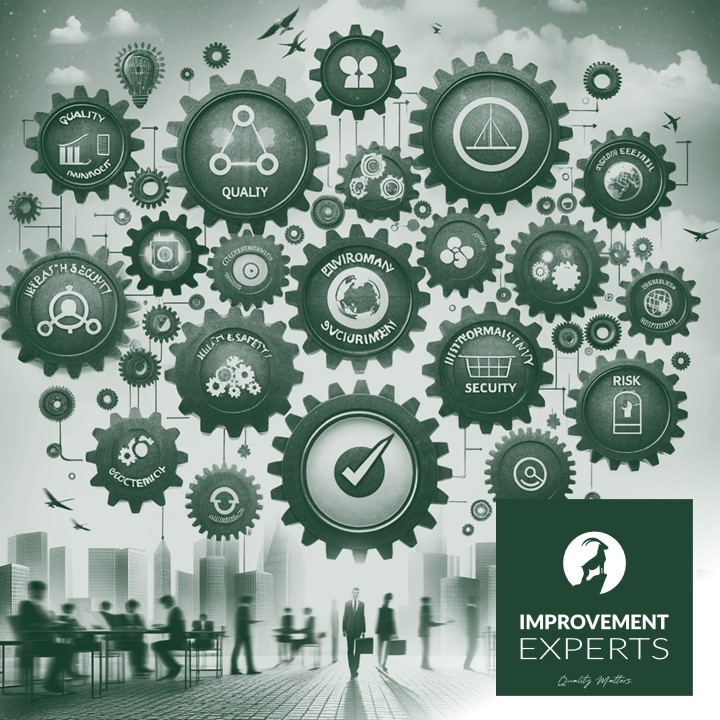 Konzeptionelle Darstellung von integrierten Managementsystemen mit verbundenen Zahnrädern, die verschiedene Managementaspekte symbolisieren, in grün mit dem Logo von Improvement Experts GmbH
