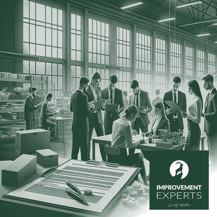 Team von Geschäftsleuten bei einem Lieferantenaudit in einer Fabrikeinstellung, fokussiert auf die Überprüfung von Dokumenten und Qualitätsstandards, unter dem Logo von Improvement Experts GmbH.