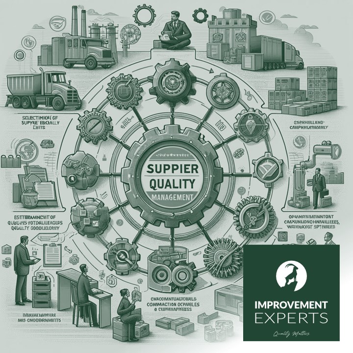 Illustration des Lieferantenqualitätsmanagements mit verschiedenen Elementen wie Auswahlkriterien, Qualitätsstandards, Audits und Kommunikationskanälen, präsentiert in Graustufen mit dem Logo von Improvement Experts GmbH.
