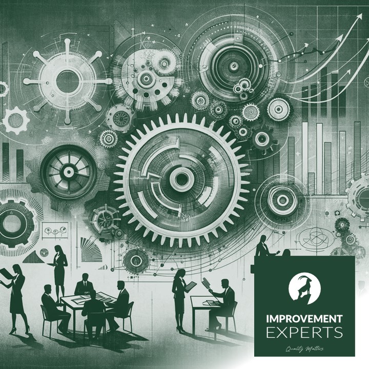 Abstrakte Darstellung von Qualitätsmanagement mit Zahnrädern, Graphen und menschlichen Figuren, die Zusammenarbeit und Teamarbeit in einem professionellen Geschäftsumfeld symbolisieren
