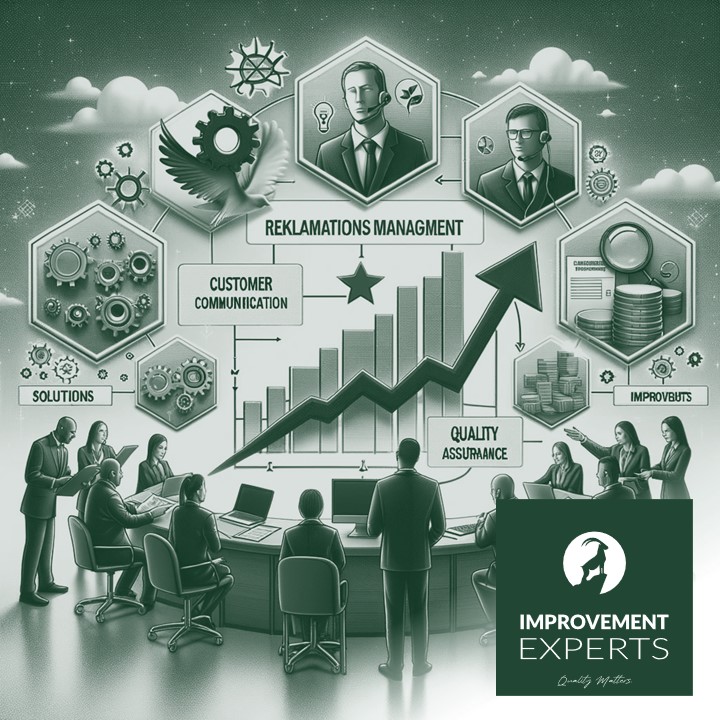 Abstrakte Darstellung des Reklamationsmanagements mit Elementen der Kundenkommunikation und Qualitätskontrolle, in Grün für die professionelle Geschäftsumgebung der Improvement Experts GmbH.