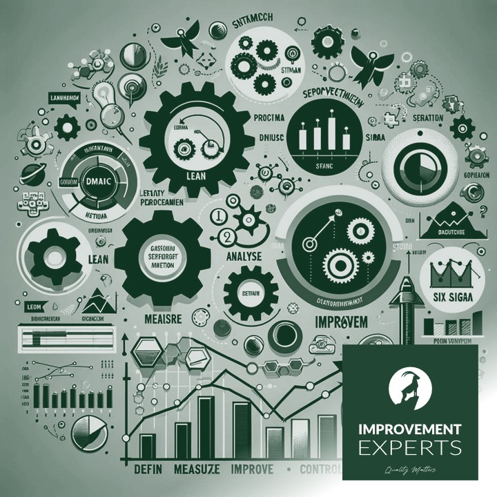 Grün -Illustration des Lean Six Sigma DMAIC-Modells mit Symbolen und Icons für Prozessoptimierung und Datenanalyse.