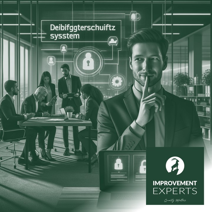 Mitarbeiter in einem Büro nutzen ein digitales Hinweisgeberschutzsystem, im Hintergrund sind transparente und integre Arbeitsprozesse erkennbar.