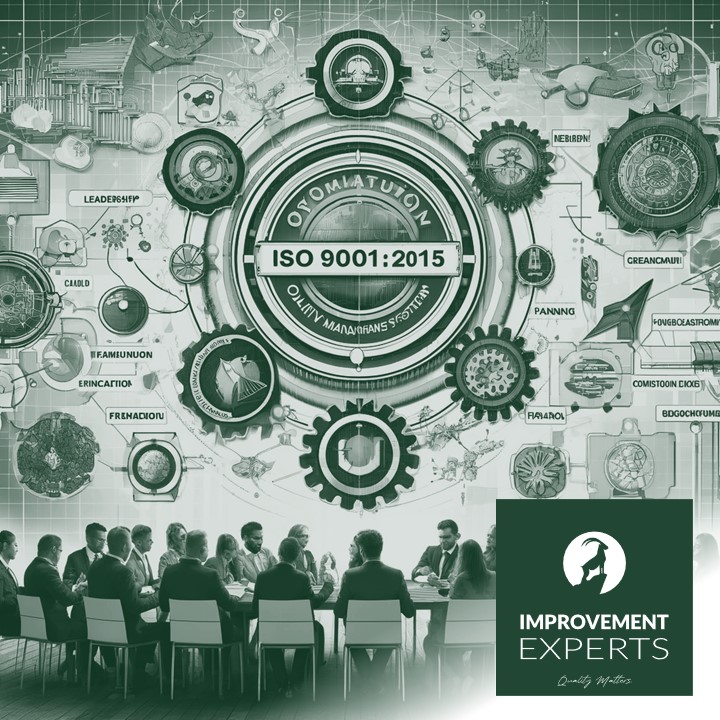 Eine Gruppe von Fachleuten, die in einer Unternehmensumgebung um einen Tisch versammelt sind und auf ein großes, detailliertes Diagramm der ISO 9001:2015 Qualitätsmanagementstandards blicken.