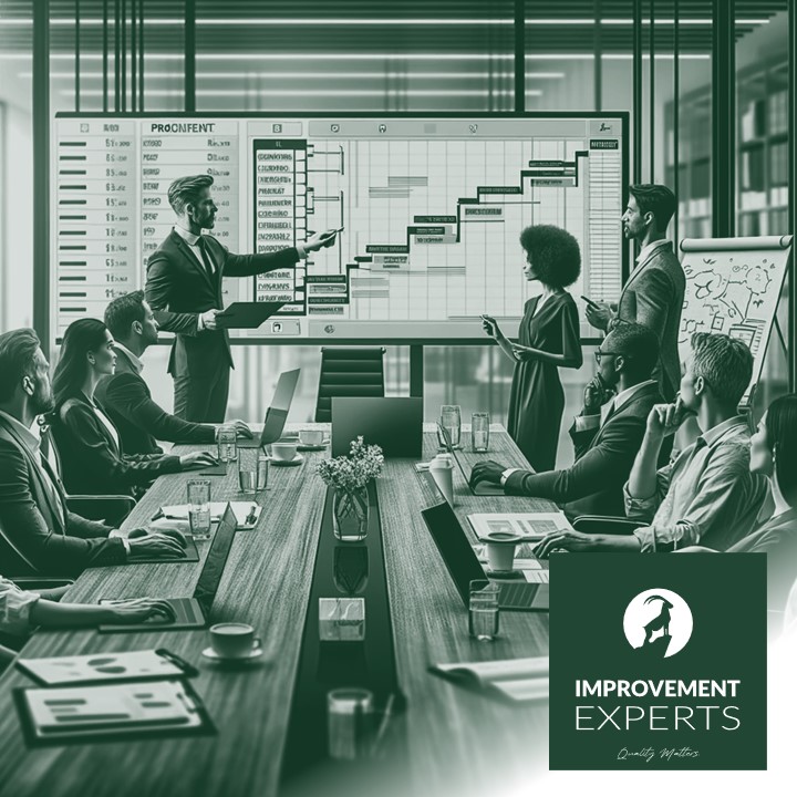 Ein Team von Fachleuten bei einer Projektmanagement-Besprechung in einem modernen Büro, das gemeinsam auf ein Gantt-Diagramm auf einem Bildschirm blickt, illustriert durch das Logo der Improvement Experts GmbH im Vordergrund.