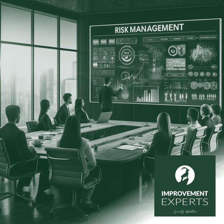 "Professionelles Risikomanagement-Team bei der Arbeit in einem Büro, mit Fokus auf Risikobewertungsstrategien."