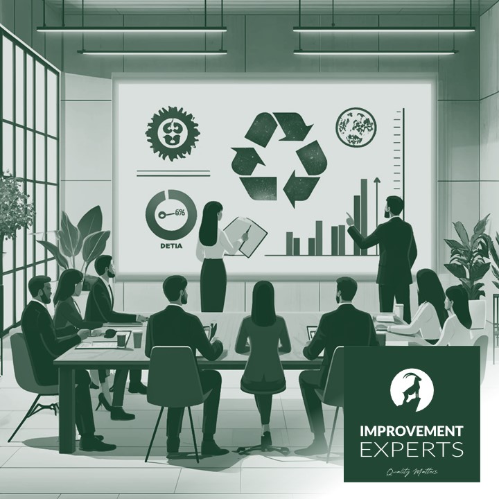 Gruppenbesprechung zum Umweltmanagement im B&uuml;ro, wobei das Logo von Improvement Experts GmbH f&uuml;r Qualit&auml;t und Verbesserung steht.