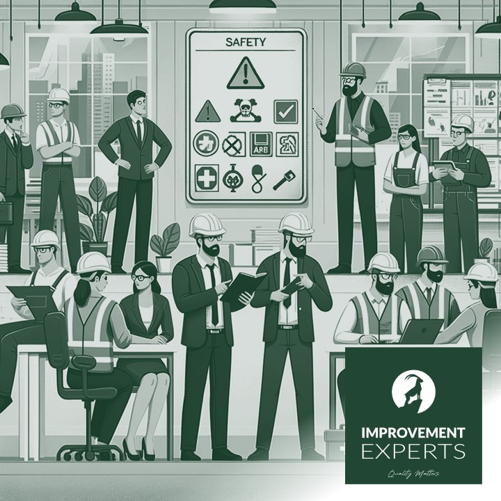 Illustration eines Arbeitssicherheitsmanagements in einem Geschäftsumfeld. Das Bild zeigt eine Gruppe von Fachleuten, darunter einen Sicherheitsbeauftragten, einen Manager und Arbeiter, die alle an sicherheitsbezogenen Aktivitäten in einem Büro- oder Industrieumfeld beteiligt sind. Die Fachleute überprüfen Sicherheitsprotokolle, führen Sicherheitsinspektionen durch und tragen Sicherheitsausrüstung.