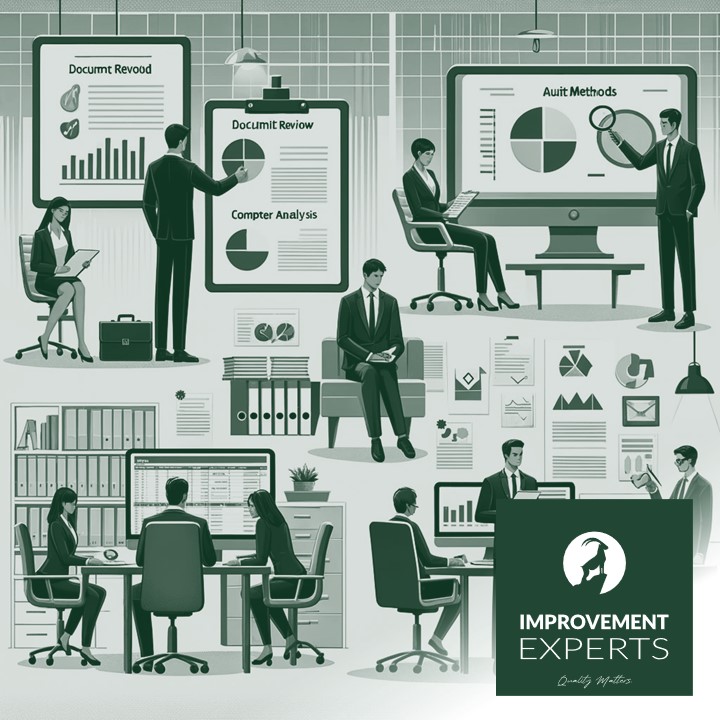 Professionelle Darstellung von Auditmethoden in einem modernen B&uuml;ro, einschlie&szlig;lich Dokumentenpr&uuml;fung, Interviews und Computeranalyse. Auditoren arbeiten kollaborativ mit Diagrammen, Dokumenten und Auditsoftware.