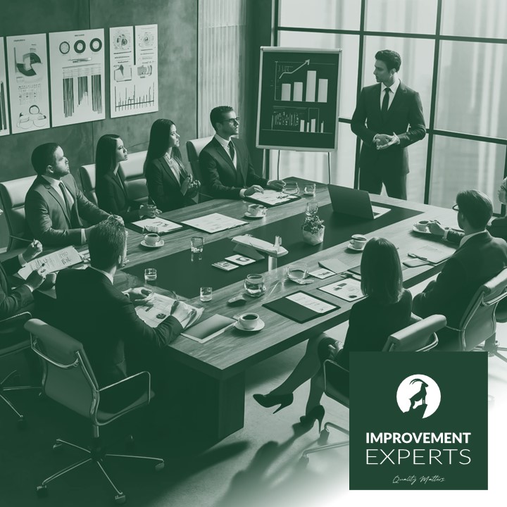 Business-Meeting zur Auditvorbereitung, bei dem ein Mann in einem Anzug einen Bericht präsentiert. Mehrere Personen sitzen am Konferenztisch und hören aufmerksam zu. Dokumente, Laptops und Kaffeetassen sind auf dem Tisch verteilt. Das Logo der Improvement Experts GmbH ist unten rechts platziert.