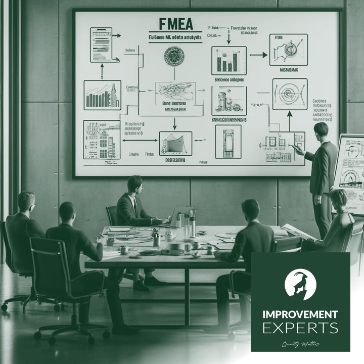 Professionelle Sitzung zur FMEA (Fehlermöglichkeits- und Einflussanalyse) in einem modernen Konferenzraum, durchgeführt von einem Team von Fachleuten.