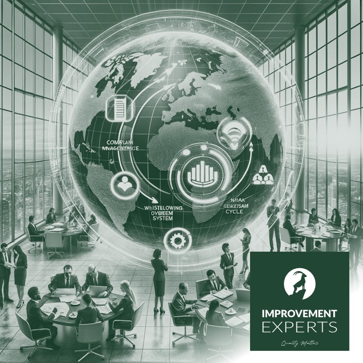Geschäftspersonen analysieren Compliance-Management-Systeme um einen großen, transparenten Globus in einem modernen Büro.