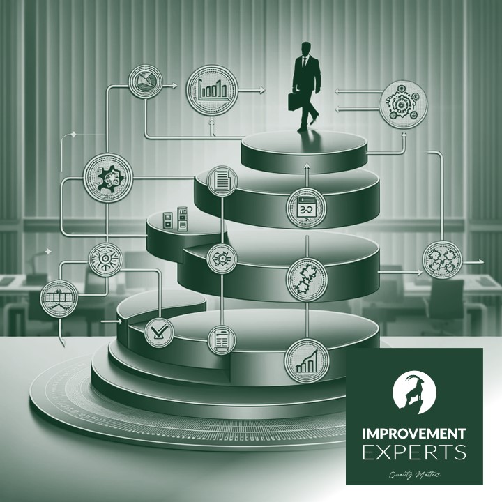 Illustration einer Reifegradanalyse mit einer Treppe, die verschiedene Reifestufen darstellt. Symbole rund um die Treppe zeigen Aspekte wie Prozessleistung, Managementpraktiken, technische Methoden und organisatorische Aspekte. Im Hintergrund ein modernes Büro. Unten rechts das Logo der Improvement Experts GmbH.