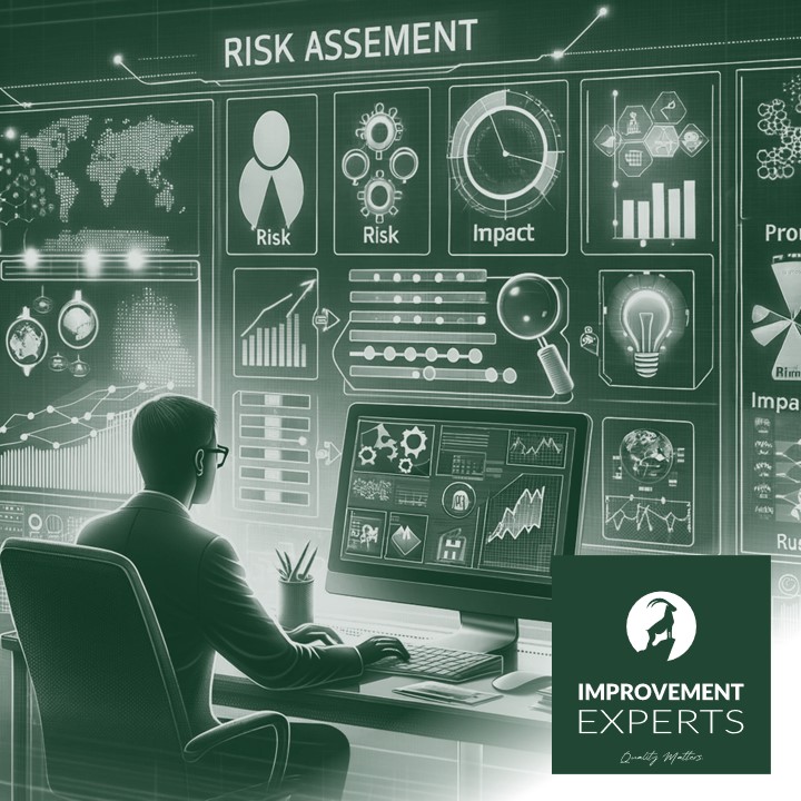 Eine professionelle und geschäftsorientierte Darstellung des Konzepts der Risikobewertung ohne jeglichen Text. Zu sehen ist eine Person, die Daten auf einem Computerbildschirm analysiert. Elemente wie eine Risikomatrix, Wahrscheinlichkeits- und Auswirkungsskalen sowie Symbole für verschiedene Risikotypen sind enthalten. Das Bild ist in Graustufen gehalten und enthält das Logo der Improvement Experts GmbH unten rechts.