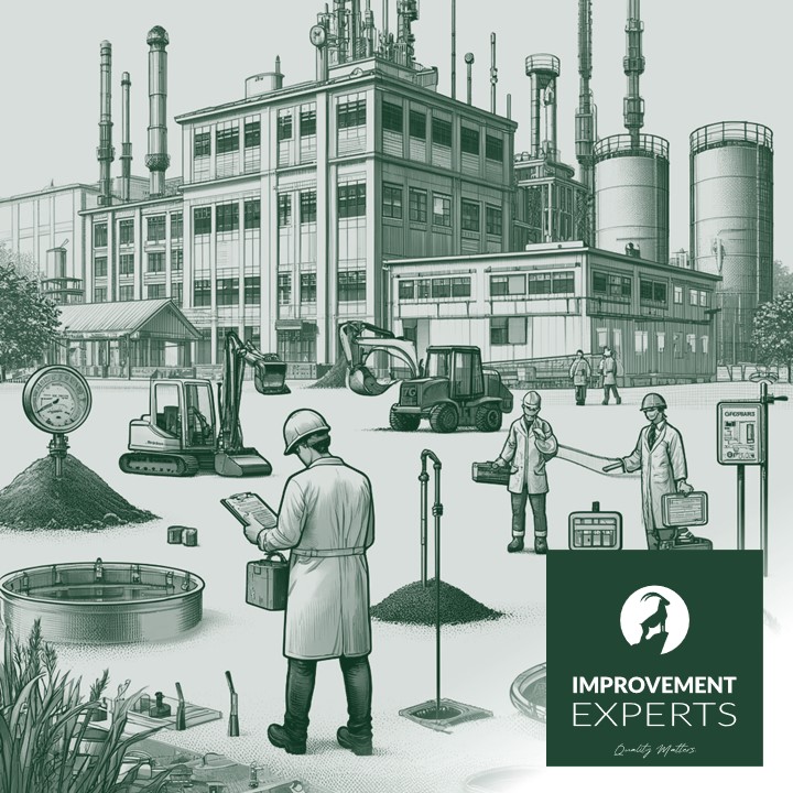 Illustration eines Site Assessment-Prozesses f&uuml;r eine industrielle Liegenschaft, zeigt Umweltfachleute bei der Entnahme von Boden- und Wasserproben sowie bei der Untersuchung historischer Aufzeichnungen. Im Hintergrund sind industrielle Geb&auml;ude, Lagertanks und Umweltgefahren wie chemische R&uuml;ckst&auml;nde zu sehen. Unten rechts das Logo der Improvement Experts GmbH.