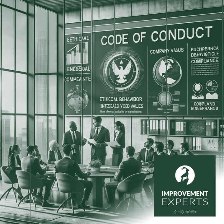 Geschäftstreffen, das ethisches Verhalten und Integrität betont, mit einem großen Wandbild "Code of Conduct" und dem Logo der Improvement Experts GmbH.