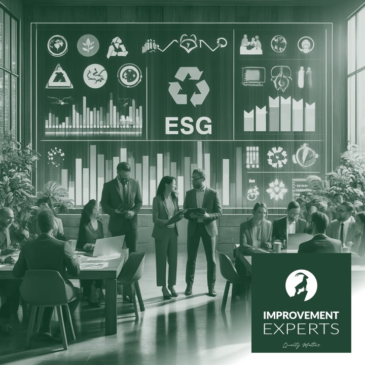 Eine Geschäftsumgebung zeigt eine diverse Gruppe von Fachleuten, die an Nachhaltigkeitsinitiativen arbeiten. Im Hintergrund sind Diagramme und Grafiken zu sehen, die ESG-Metriken (Environmental, Social, Governance) darstellen. Das Bild enthält auch recycelte Materialien, grüne Pflanzen und energieeffiziente Geräte, was das Engagement für Nachhaltigkeit widerspiegelt. Unten rechts befindet sich das Logo der Improvement Experts GmbH.