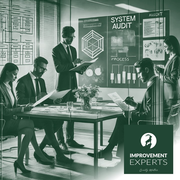 Ein professionelles Team von Auditoren führt ein Systemaudit in einem modernen Büro durch. Die Auditoren überprüfen Dokumente, machen Notizen und diskutieren ihre Ergebnisse. Das Büro hat Glaswände, einen Konferenztisch und ein Whiteboard mit Prozessdiagrammen. Die Atmosphäre ist fokussiert und kollaborativ. Unten rechts befindet sich das Logo der Improvement Experts GmbH.