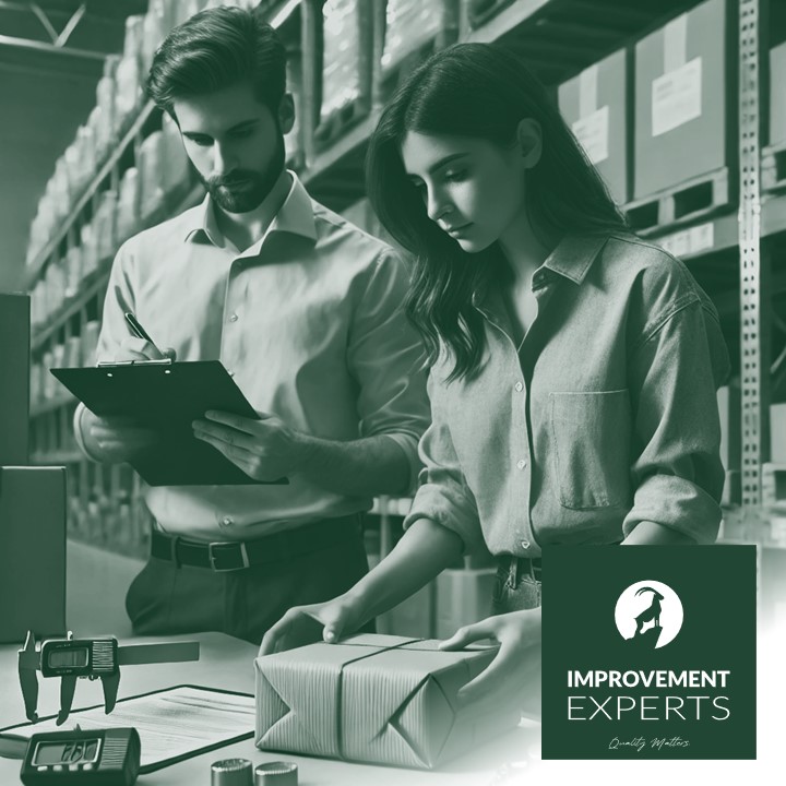 Zwei Mitarbeiter führen eine Wareneingangsprüfung durch. Ein Mann überprüft eine Checkliste, während eine Frau ein Paket inspiziert. Im Hintergrund befinden sich Regale mit Waren. Logo der Improvement Experts GmbH unten rechts.