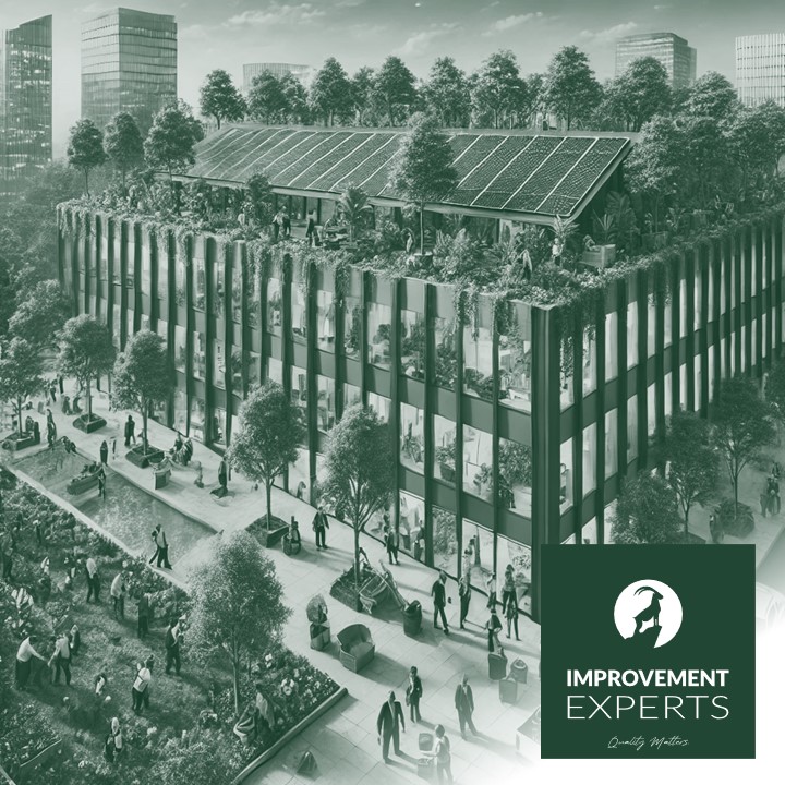 Alt-Text: Modernes Bürogebäude mit nachhaltigen Initiativen wie Solarzellen auf dem Dach, grünen Wänden und Mitarbeitern, die sich in Gemeinschaftsaktivitäten wie Baumpflanzungen und Freiwilligenarbeit engagieren. Das Logo der Improvement Experts GmbH ist in der unteren rechten Ecke zu sehen.