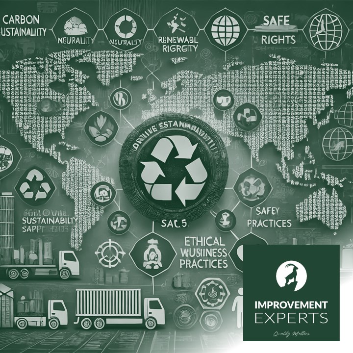 Visuelle Darstellung von Drive Sustainability SAQ 5.0, die Elemente der ökologischen Nachhaltigkeit, Menschenrechte und ethische Geschäftspraktiken in der Automobil-Lieferkette zeigt. Enthält Symbole für CO2-Neutralität, erneuerbare Energien, sichere Arbeitsbedingungen und verantwortungsvolle Rohstoffbeschaffung. Weltweites Lieferkettennetzwerk im Hintergrund.