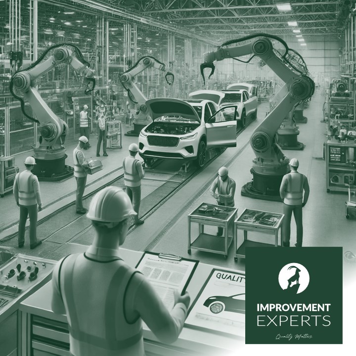 Moderne Automobilfertigungsanlage mit fortschrittlichen Maschinen, Roboterarmen und Ingenieuren, die Fahrzeugkomponenten überprüfen. Im Vordergrund arbeitet ein Ingenieur mit einem Qualitätsprüfungsbericht. Im Hintergrund das Logo von Improvement Experts GmbH.