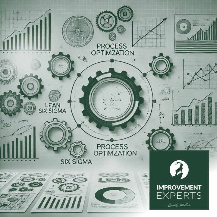 Illustration zur Prozessoptimierung mit Zahnrädern, Diagrammen und den Begriffen Lean, Six Sigma und PDCA-Zyklus.