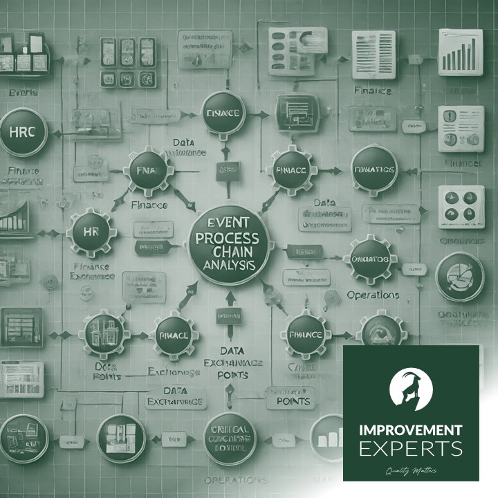 Improvement Experts GmbH — Glossareintrag — Schnittstellen-Analyse EPC-Diagramm für Geschäftsprozessschnittstellenanalyse in einem Unternehmensumfeld, zeigt verschiedene Abteilungen wie HR, Finanzen, Betrieb und Marketing mit Kommunikations- und Datenflusswegen, Ereignisse und Funktionen sind deutlich markiert.