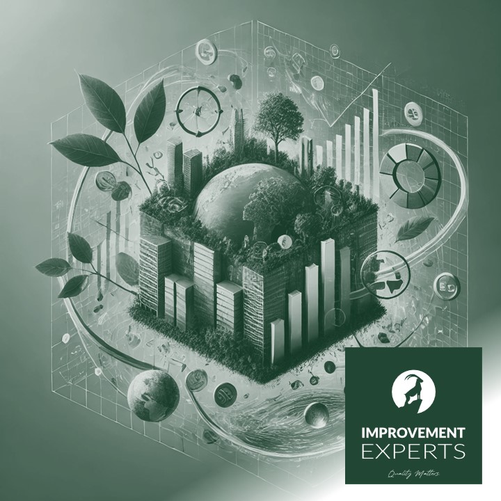 Illustration der Unternehmensnachhaltigkeitsberichterstattung gemäß der Corporate Sustainability Reporting Directive (CSRD) der EU, mit Symbolen für Wirtschaft, Umwelt und Governance, integriert mit dem Logo der Improvement Experts GmbH.