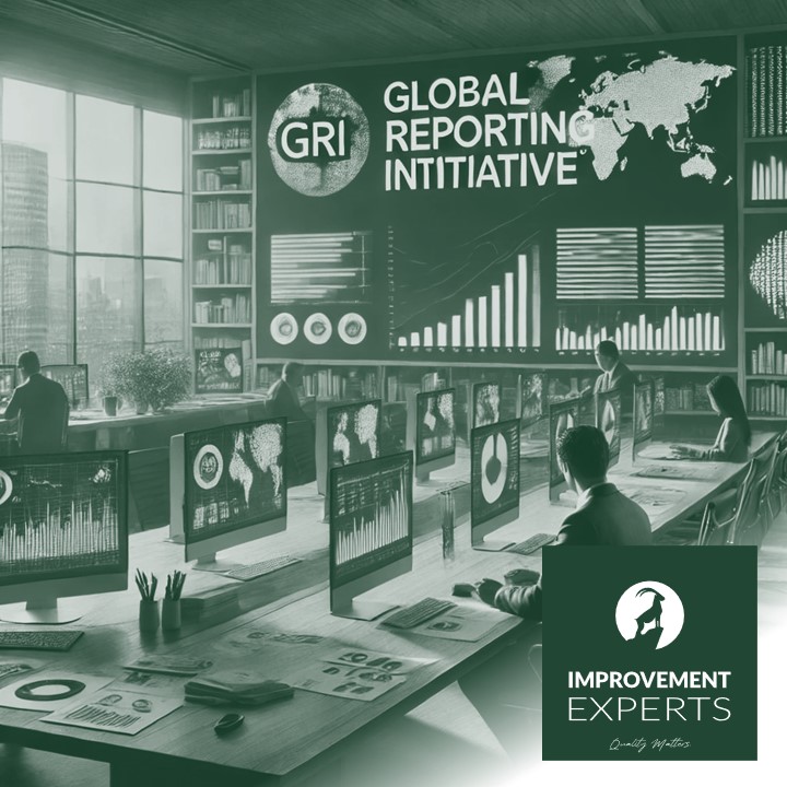Illustration eines Büros, in dem Fachleute Nachhaltigkeitsberichte analysieren. Die Bildschirme zeigen Diagramme und Daten zu Umwelt-, Sozial- und Wirtschaftsauswirkungen. Im Hintergrund ist die Aufschrift 'Global Reporting Initiative' sichtbar, zusammen mit dem Logo der Improvement Experts GmbH.