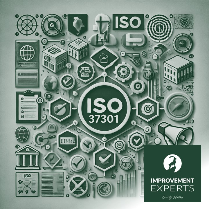Visualisierung des ISO 37301 Standards für Compliance-Management-Systeme mit dem Logo der Improvement Experts GmbH, inkl. Symbole für gesetzliche Konformität, ethische Werte und Whistleblowing-Systeme.