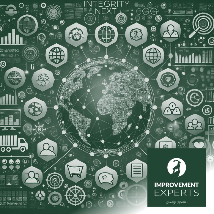 Illustration der IntegrityNext-Plattform zur Nachhaltigkeitsverwaltung in Lieferketten, mit globalen Netzwerken und Symbolen für ESG-Compliance, Risikoüberwachung und Nachhaltigkeitsmanagement, integriert mit dem Logo der Improvement Experts GmbH.