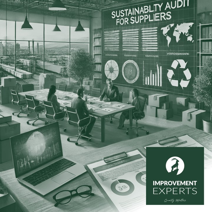 Fotorealistische Darstellung eines Nachhaltigkeitsaudits für Lieferanten in einem modernen Büro. Auditoren analysieren Berichte und Daten zu Umwelt- und Sozialstandards. Auf einem großen Bildschirm sind Diagramme und der Text 'Sustainability Audit for Suppliers' zu sehen. Das Bild enthält auch das Logo der Improvement Experts GmbH.