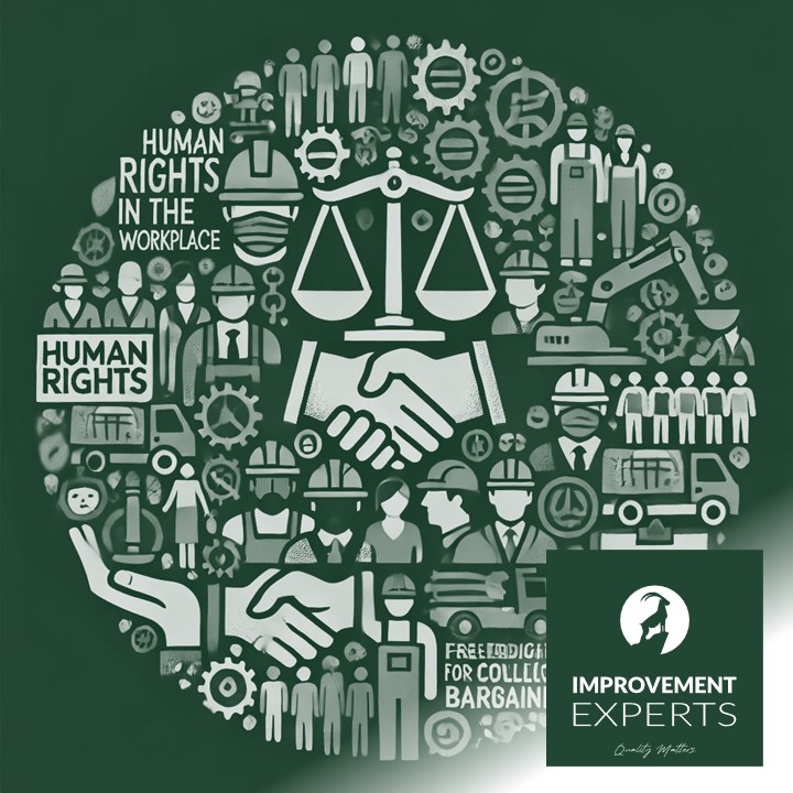 Symbolisches Bild zu Menschenrechten am Arbeitsplatz, dargestellt durch diverse Arbeiter, Symbole für Gerechtigkeit und Sicherheit, und das Logo der Improvement Experts GmbH