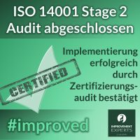 ISO 14001 Stage 2 Audit erfolgreich abgeschlossen. Die Zertifizierung des Umweltmanagementsystems wurde bestätigt, dargestellt mit einem grünen "Certified"-Stempel. Der Slogan "Quality Matters" und das Logo der Improvement Experts GmbH sind ebenfalls enthalten.