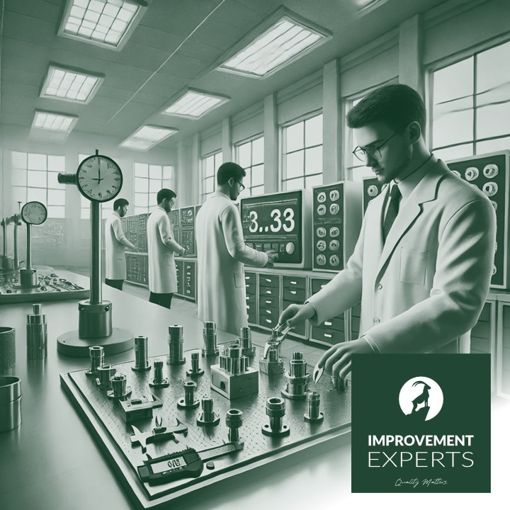 Laborumgebung mit Ingenieuren in Laborkitteln, die eine Gage Repeatability and Reproducibility (Gage R&R) Analyse durchführen. Präzisionsinstrumente und Messwerkzeuge sind auf den Tischen angeordnet. Improvement Experts GmbH Logo unten rechts im Bild.