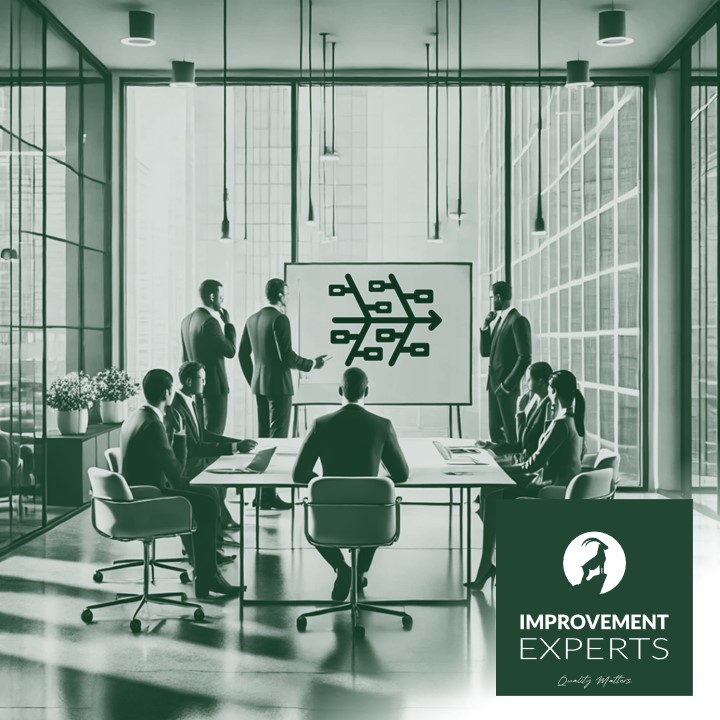 Geschäftsmeeting in einem modernen Büro, das ein Ishikawa-Diagramm zur Ursachenanalyse zeigt. Teilnehmer in Businesskleidung analysieren und diskutieren das Diagramm. Improvement Experts GmbH Logo unten rechts im Bild.