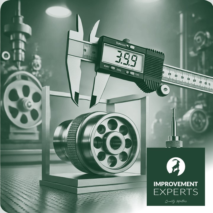 Fotorealistische Darstellung der Prozessfähigkeit im Produktionskontext mit Messschieber, Maschinenbauteil und industriellem Hintergrund. Symbol für Präzision und Qualitätskontrolle. Logo der Improvement Experts GmbH unten rechts.