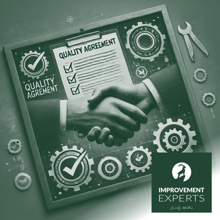 Fotorealistische Darstellung einer Qualitätsvereinbarung mit Handschlag, Zahnrädern und einem Prüfprotokoll. Symbol für Partnerschaft und Qualitätsstandards. Logo der Improvement Experts GmbH unten rechts.
