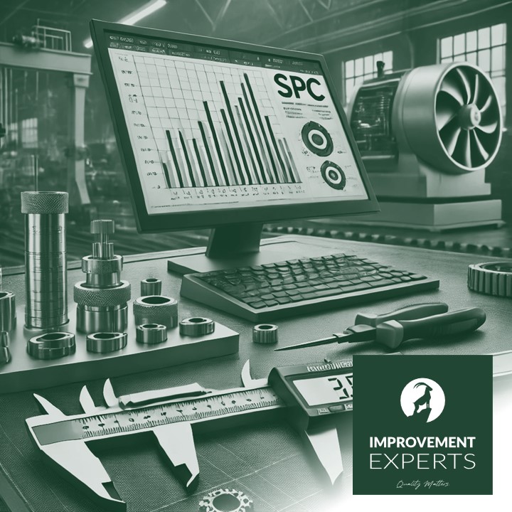 Fotorealistische Darstellung von Statistical Process Control (SPC) in der Produktion. Kontrollchart auf einem Bildschirm, Messinstrumente und Werkstücke in einem industriellen Umfeld. Logo der Improvement Experts GmbH unten rechts.