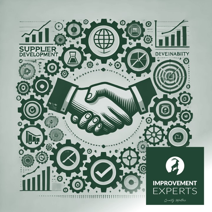 Illustration zur Lieferantenentwicklung mit Handschlag und Zahnrädern, die Partnerschaft, Effizienz und Qualität symbolisieren. Logo von Improvement Experts GmbH unten rechts.