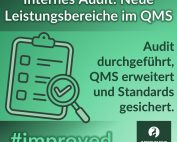 Grafik mit der Überschrift "Internes Audit: Neue Leistungsbereiche im QMS" und dem Text "Audit durchgeführt, QMS erweitert und Standards gesichert". Ein Icon zeigt ein Klemmbrett mit einer Checkliste und einem Haken im Fokus.